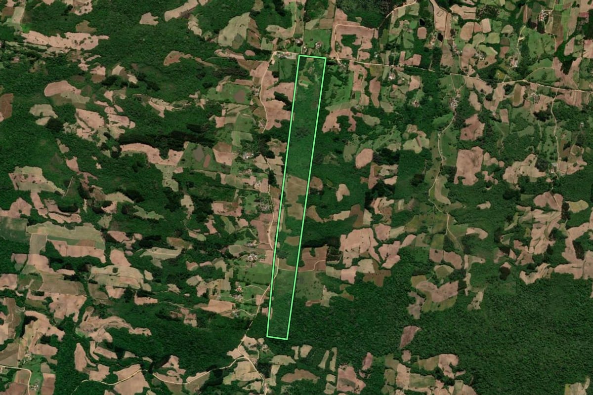 Imagem de satélite do imóvel rural em São Lourenço do Sul (RS), com o contorno declarado no CAR desenhado por cima.