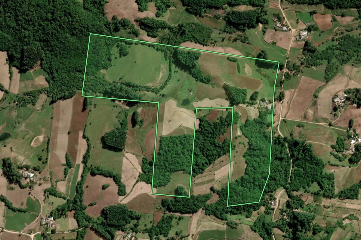 Imagem de satélite do imóvel rural em São Lourenço do Sul (RS), com o contorno declarado no CAR desenhado por cima.
