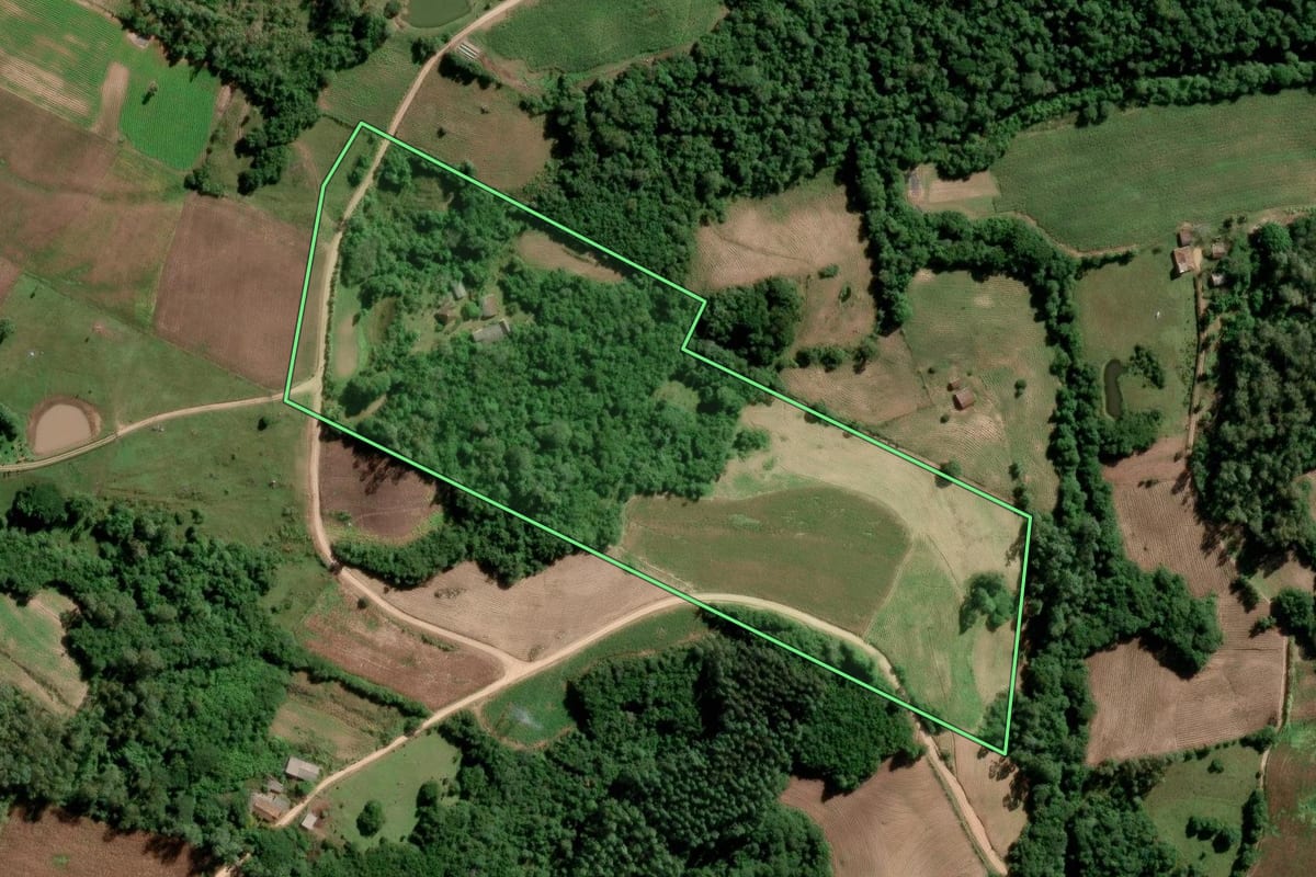 Imagem de satélite do imóvel rural em São Lourenço do Sul (RS), com o contorno declarado no CAR desenhado por cima.