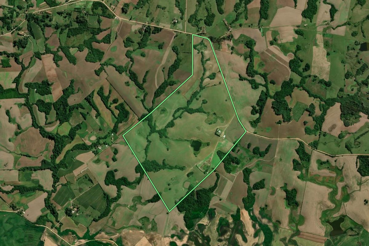 Imagem de satélite do imóvel rural em São Lourenço do Sul (RS), com o contorno declarado no CAR desenhado por cima.