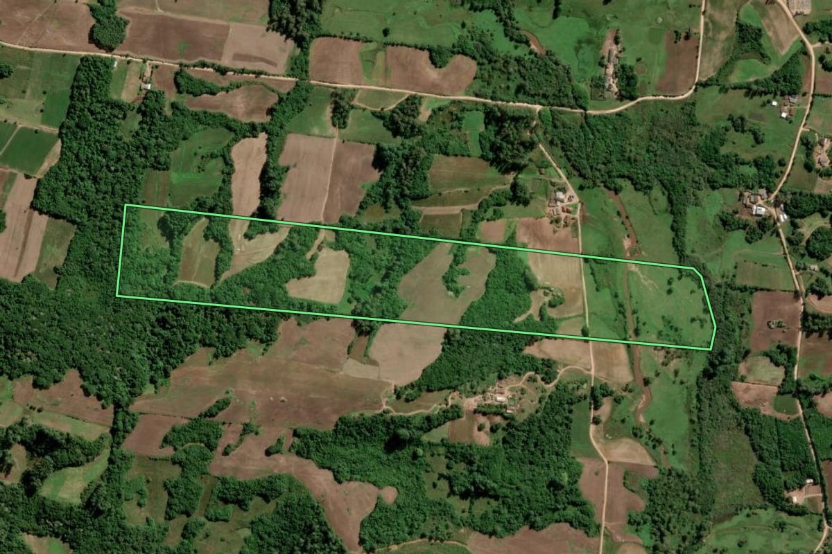 Imagem de satélite do imóvel rural em São Lourenço do Sul (RS), com o contorno declarado no CAR desenhado por cima.