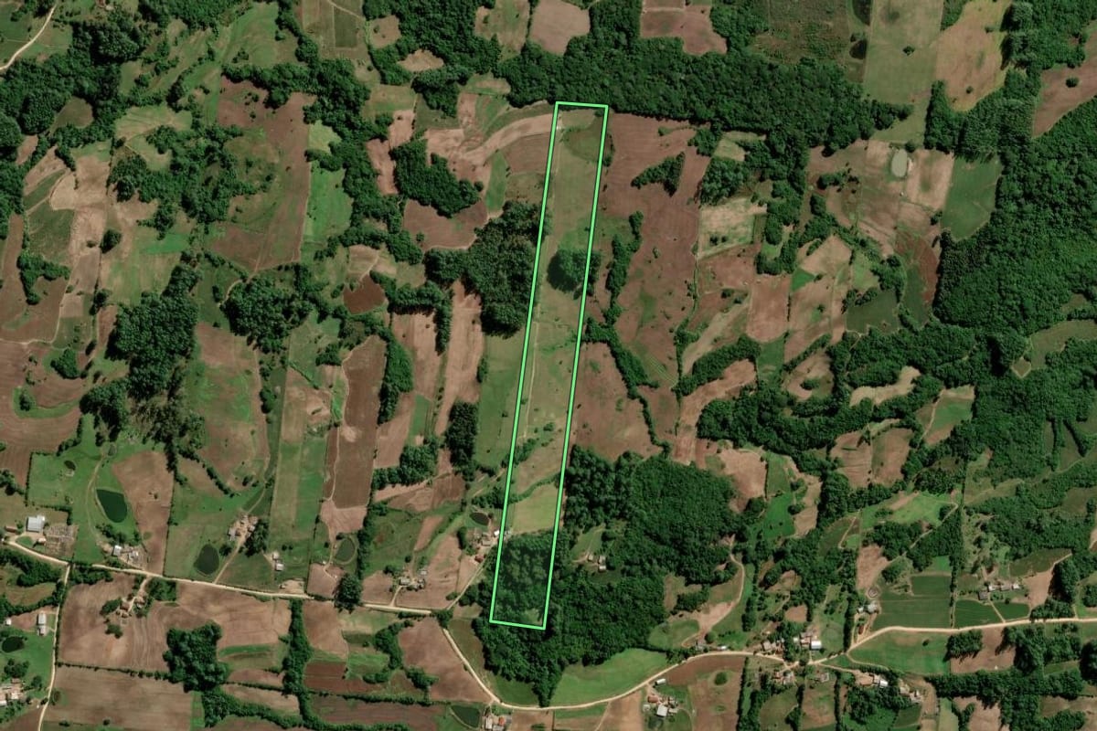 Imagem de satélite do imóvel rural em São Lourenço do Sul (RS), com o contorno declarado no CAR desenhado por cima.