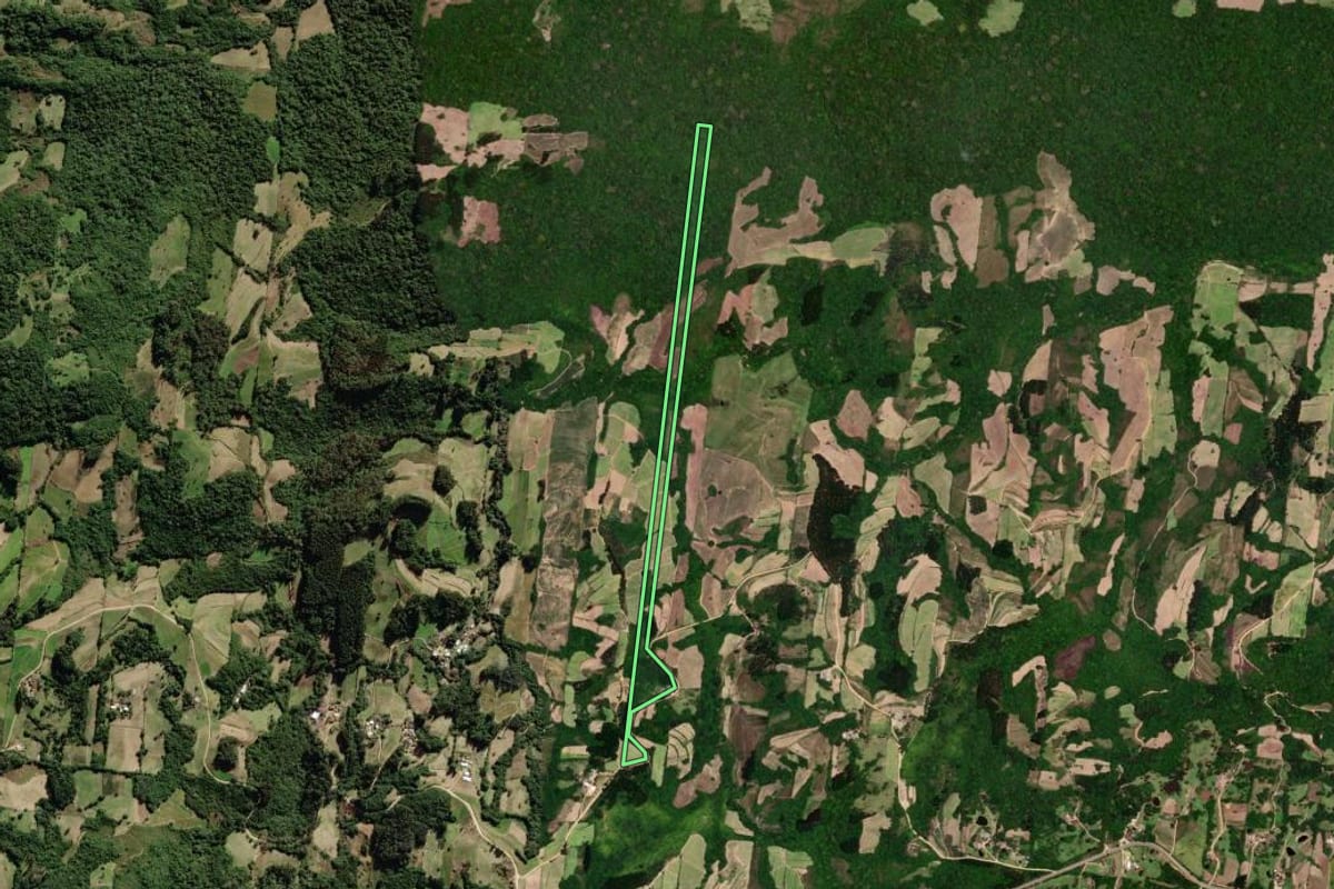 Imagem de satélite do imóvel rural em São Lourenço do Sul (RS), com o contorno declarado no CAR desenhado por cima.