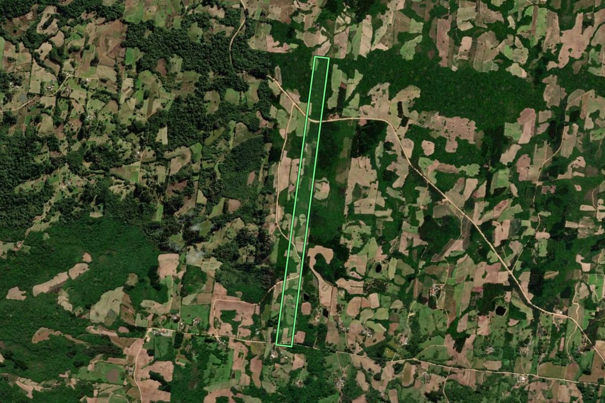 Imagem de satélite do imóvel rural em São Lourenço do Sul (RS), com o contorno declarado no CAR desenhado por cima.