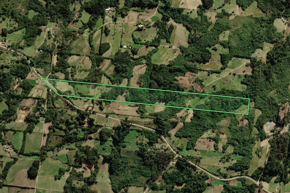 Imagem de satélite do imóvel rural em São Lourenço do Sul (RS), com o contorno declarado no CAR desenhado por cima.
