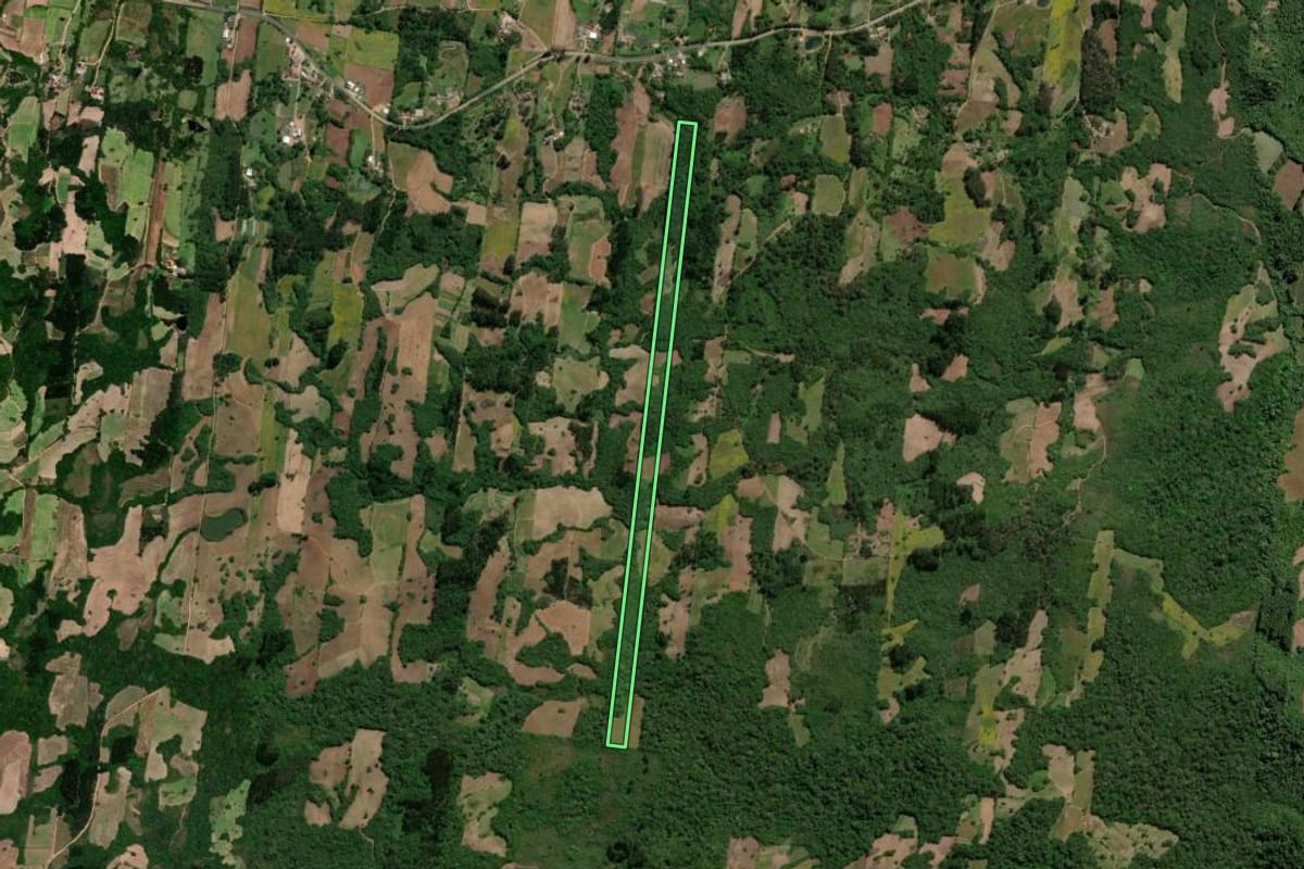 Imagem de satélite do imóvel rural em São Lourenço do Sul (RS), com o contorno declarado no CAR desenhado por cima.