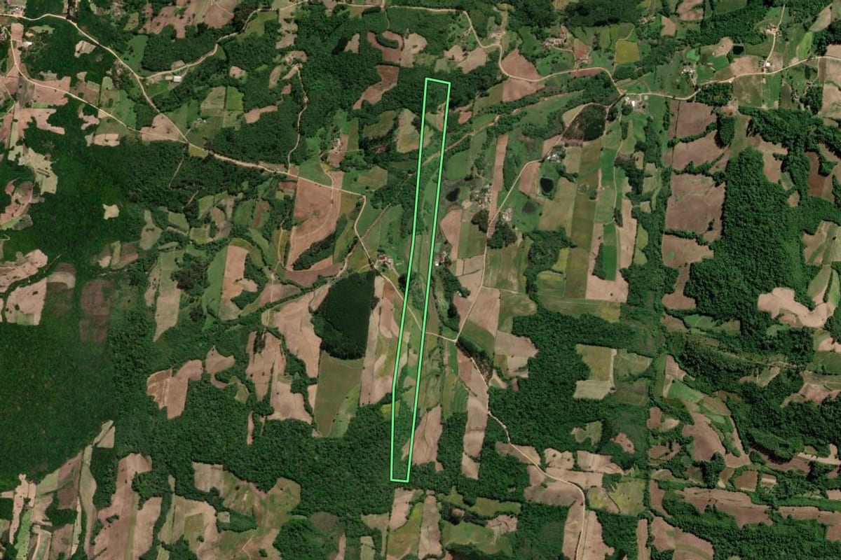 Imagem de satélite do imóvel rural em São Lourenço do Sul (RS), com o contorno declarado no CAR desenhado por cima.
