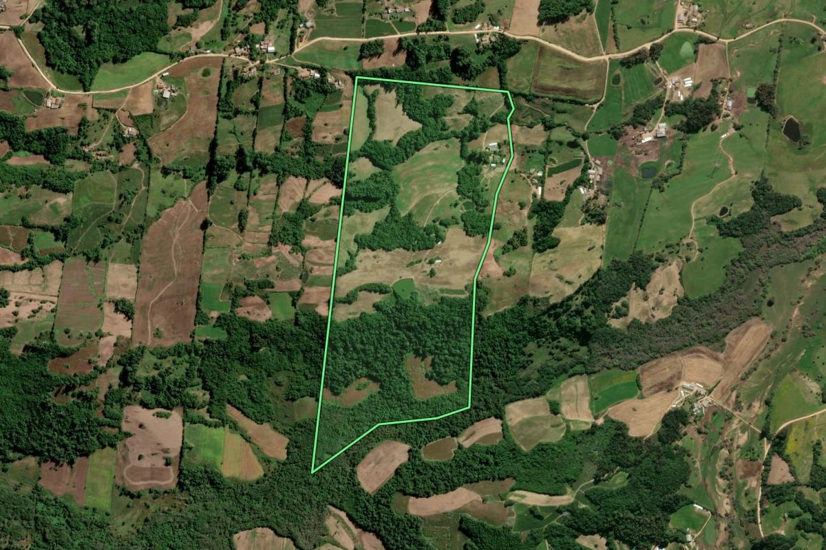 Imagem de satélite do imóvel rural em São Lourenço do Sul (RS), com o contorno declarado no CAR desenhado por cima.