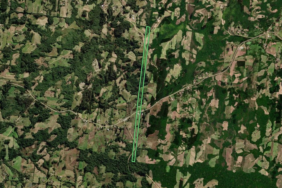 Imagem de satélite do imóvel rural em São Lourenço do Sul (RS), com o contorno declarado no CAR desenhado por cima.