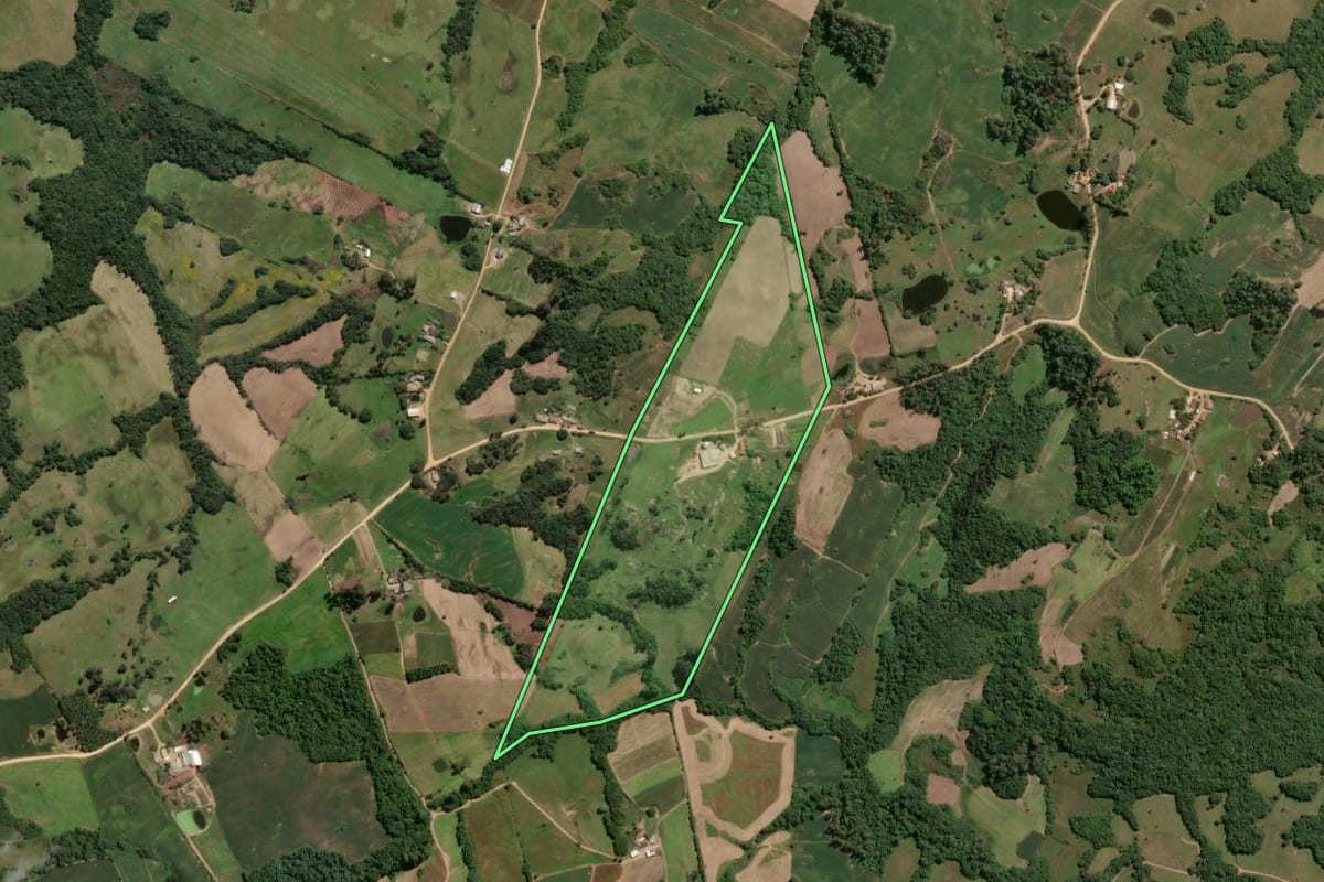 Imagem de satélite do imóvel rural em São Lourenço do Sul (RS), com o contorno declarado no CAR desenhado por cima.