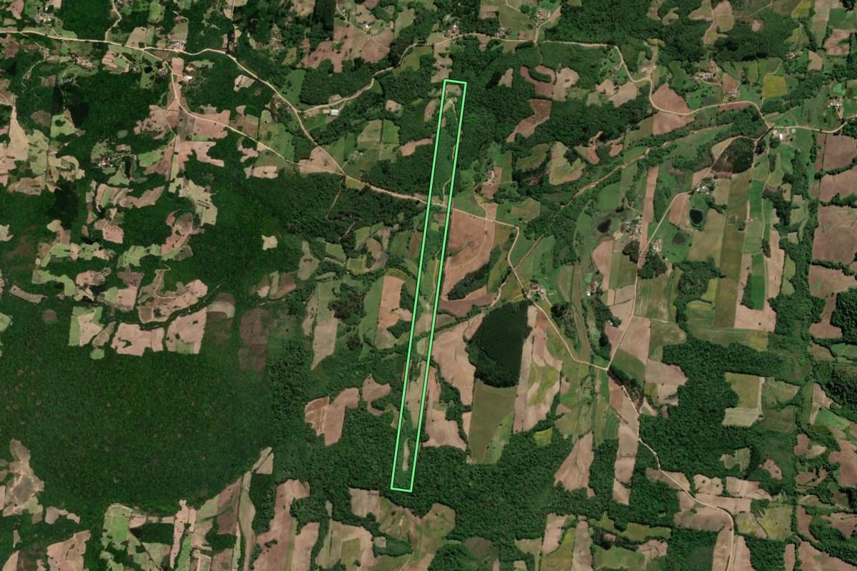 Imagem de satélite do imóvel rural em São Lourenço do Sul (RS), com o contorno declarado no CAR desenhado por cima.