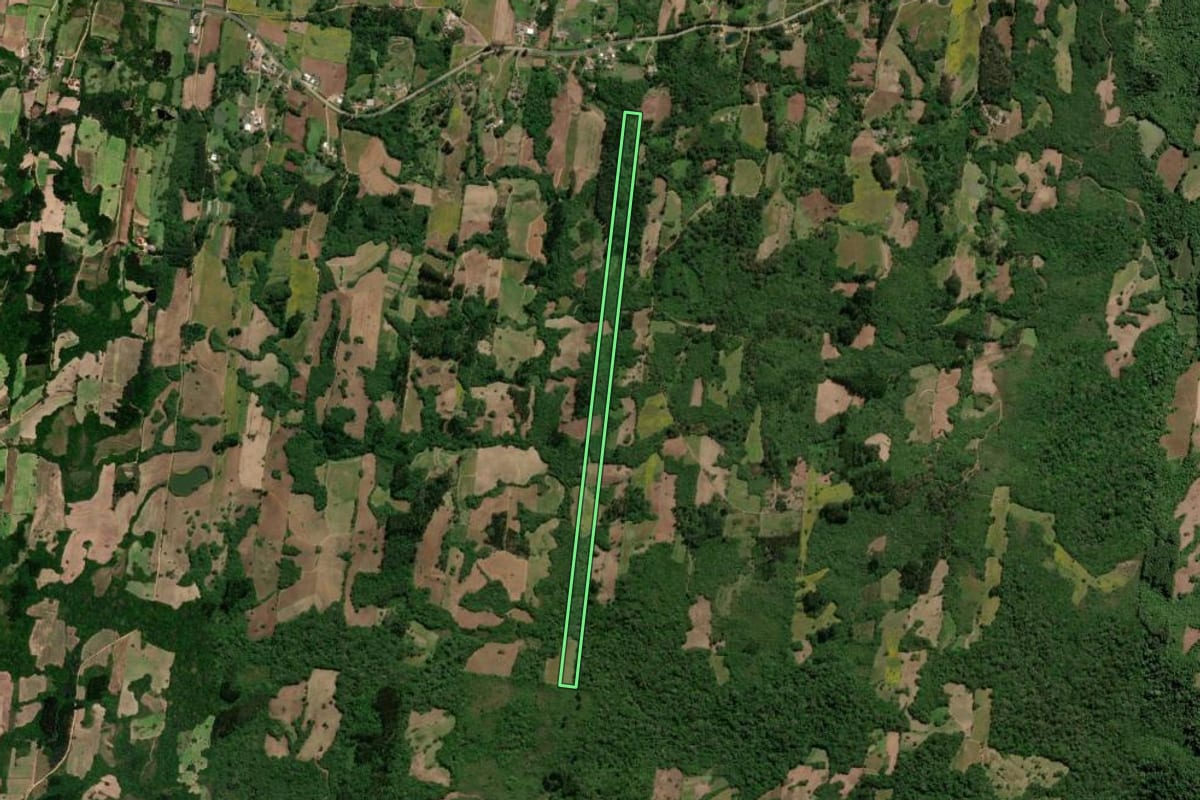 Imagem de satélite do imóvel rural em São Lourenço do Sul (RS), com o contorno declarado no CAR desenhado por cima.