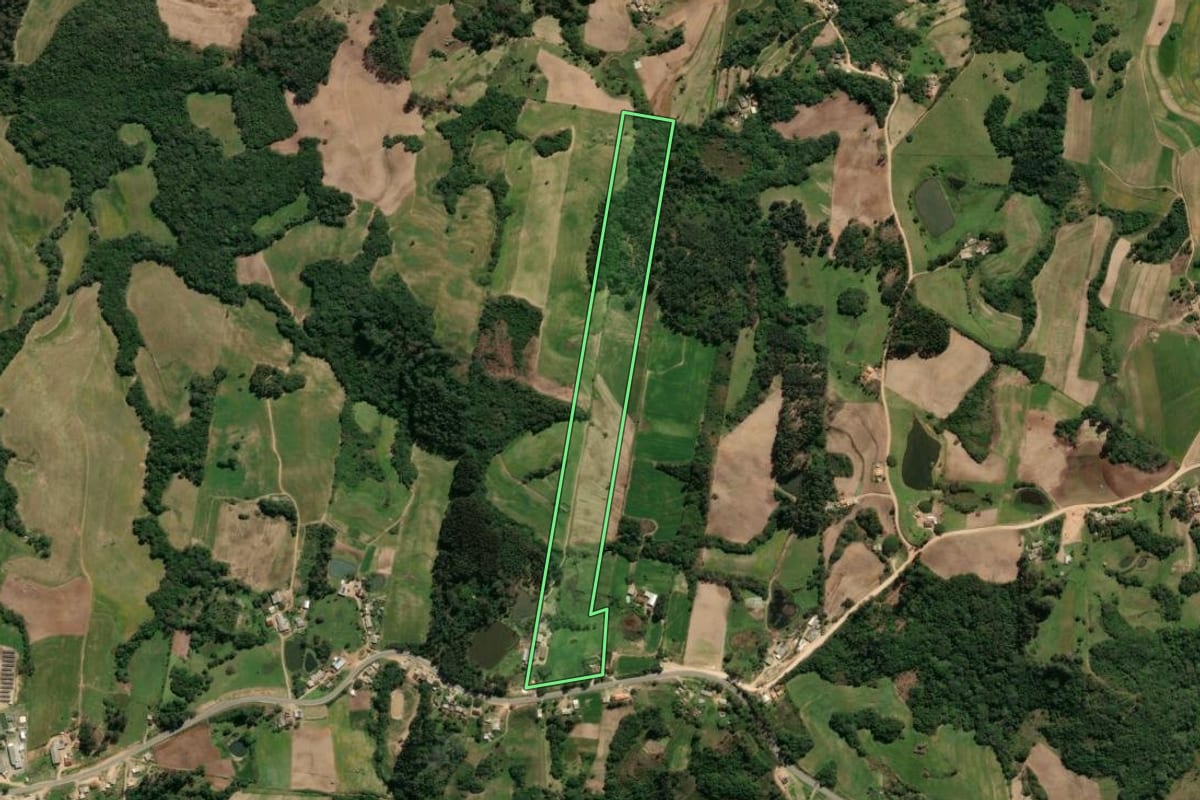 Imagem de satélite do imóvel rural em São Lourenço do Sul (RS), com o contorno declarado no CAR desenhado por cima.