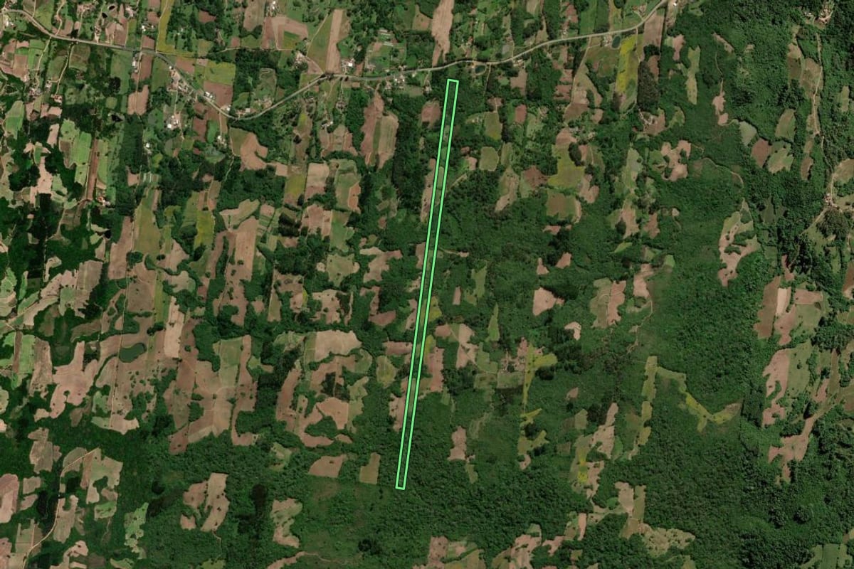 Imagem de satélite do imóvel rural em São Lourenço do Sul (RS), com o contorno declarado no CAR desenhado por cima.