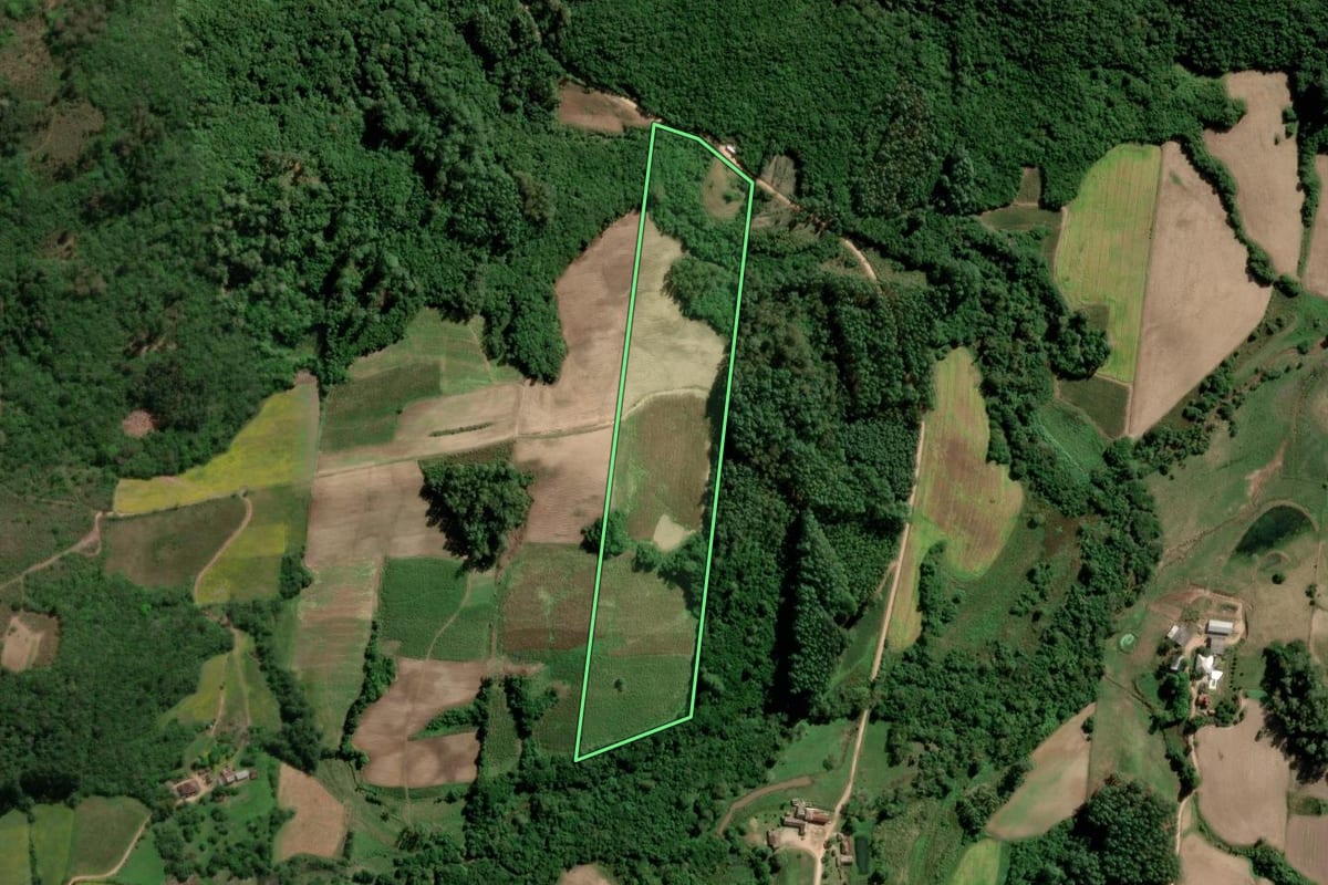 Imagem de satélite do imóvel rural em São Lourenço do Sul (RS), com o contorno declarado no CAR desenhado por cima.