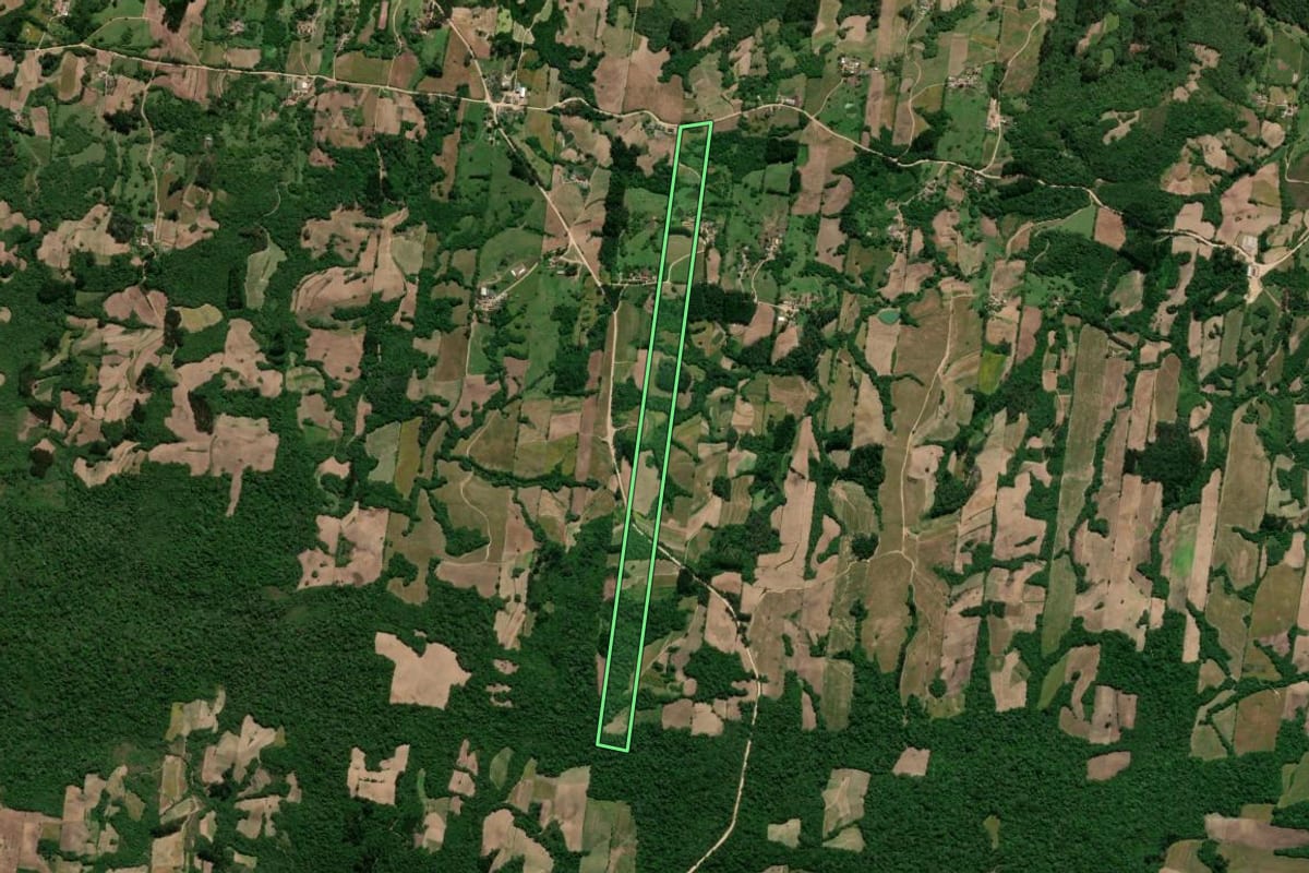 Imagem de satélite do imóvel rural em São Lourenço do Sul (RS), com o contorno declarado no CAR desenhado por cima.