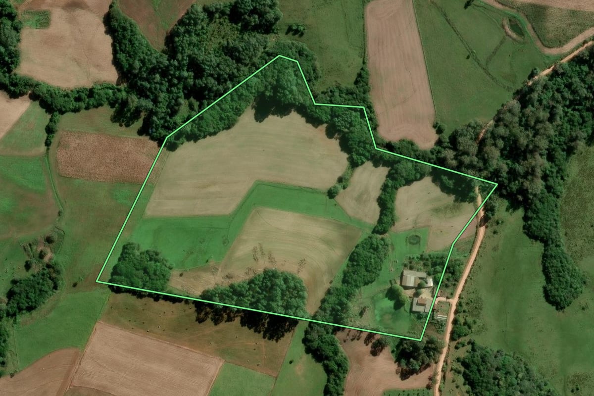 Imagem de satélite do imóvel rural em São Lourenço do Sul (RS), com o contorno declarado no CAR desenhado por cima.