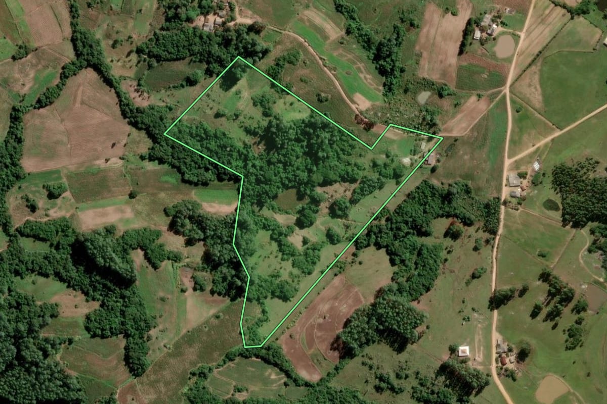 Imagem de satélite do imóvel rural em São Lourenço do Sul (RS), com o contorno declarado no CAR desenhado por cima.