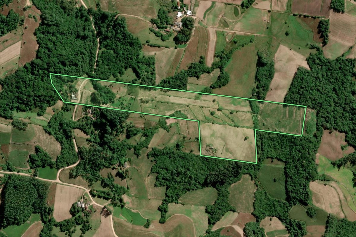 Imagem de satélite do imóvel rural em São Lourenço do Sul (RS), com o contorno declarado no CAR desenhado por cima.