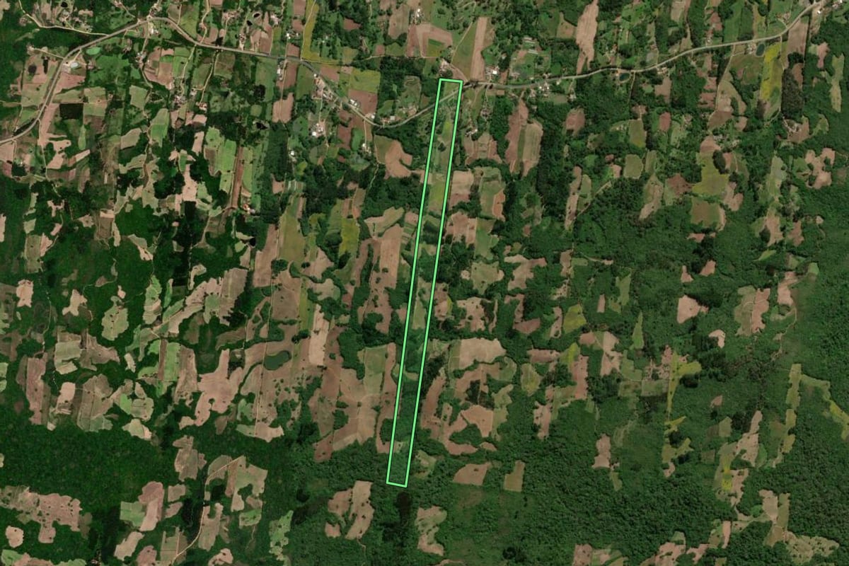 Imagem de satélite do imóvel rural em São Lourenço do Sul (RS), com o contorno declarado no CAR desenhado por cima.
