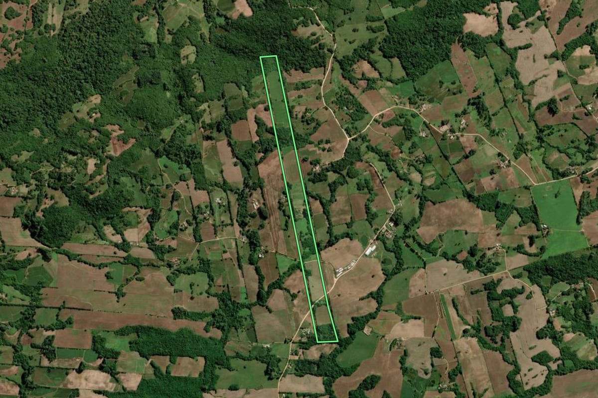 Imagem de satélite do imóvel rural em São Lourenço do Sul (RS), com o contorno declarado no CAR desenhado por cima.
