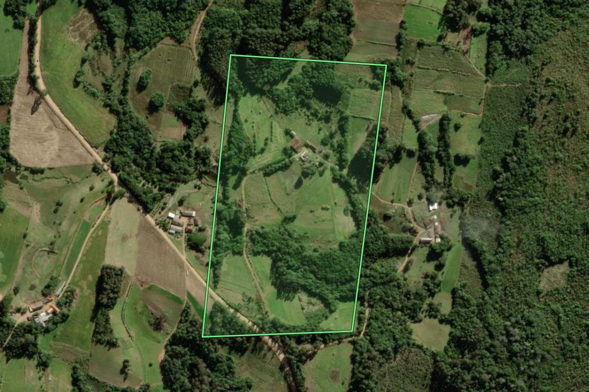 Imagem de satélite do imóvel rural em São Lourenço do Sul (RS), com o contorno declarado no CAR desenhado por cima.