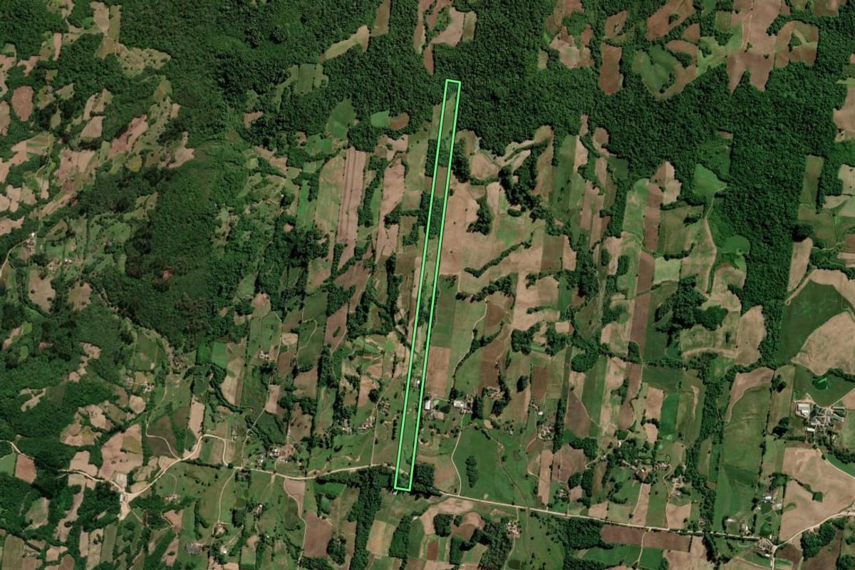 Imagem de satélite do imóvel rural em São Lourenço do Sul (RS), com o contorno declarado no CAR desenhado por cima.