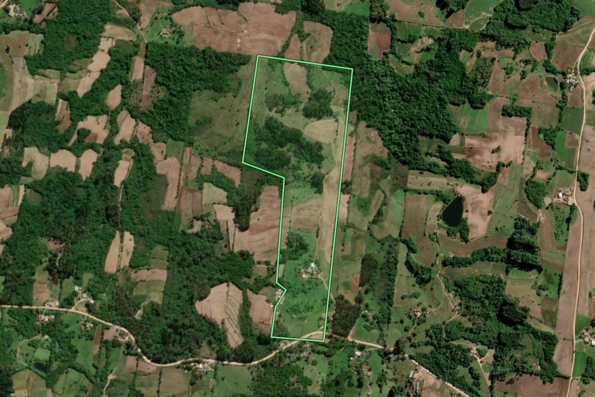 Imagem de satélite do imóvel rural em São Lourenço do Sul (RS), com o contorno declarado no CAR desenhado por cima.