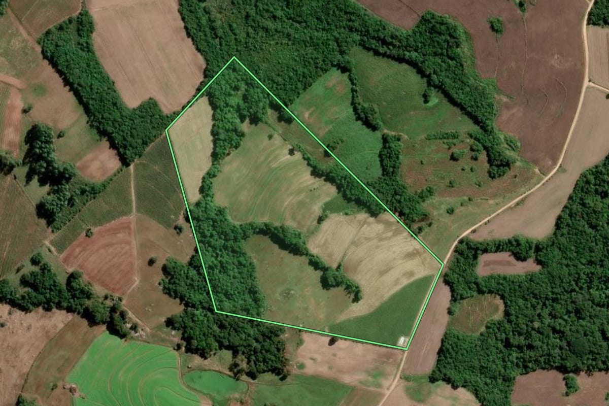 Imagem de satélite do imóvel rural em São Lourenço do Sul (RS), com o contorno declarado no CAR desenhado por cima.