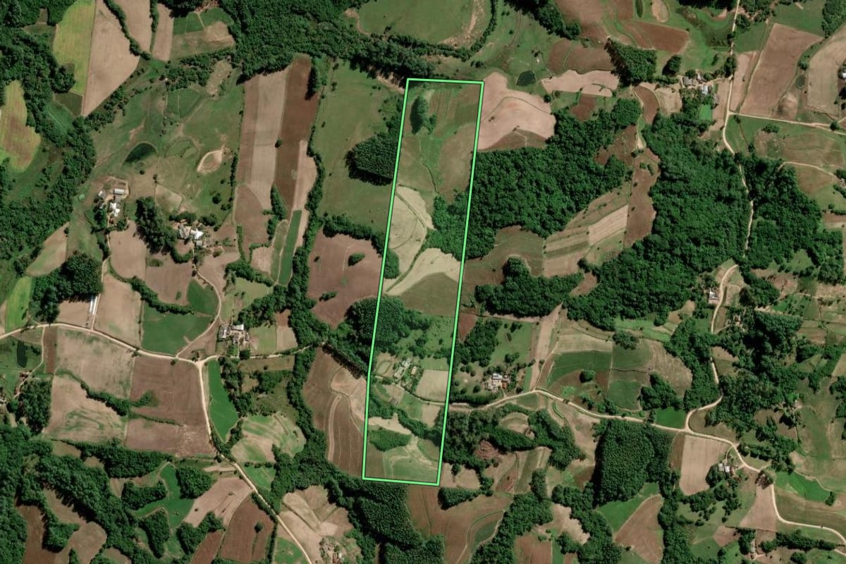 Imagem de satélite do imóvel rural em São Lourenço do Sul (RS), com o contorno declarado no CAR desenhado por cima.
