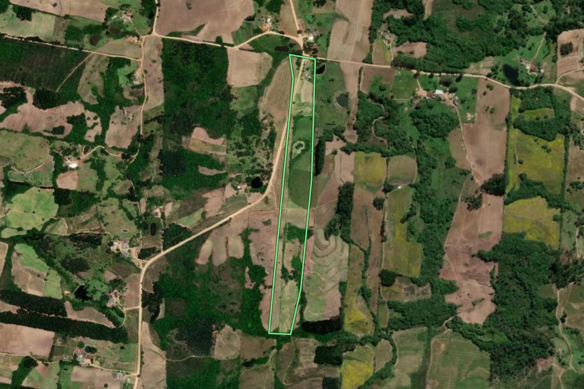 Imagem de satélite do imóvel rural em São Lourenço do Sul (RS), com o contorno declarado no CAR desenhado por cima.