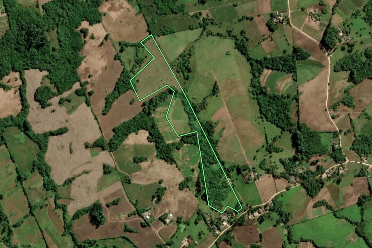 Imagem de satélite do imóvel rural em São Lourenço do Sul (RS), com o contorno declarado no CAR desenhado por cima.