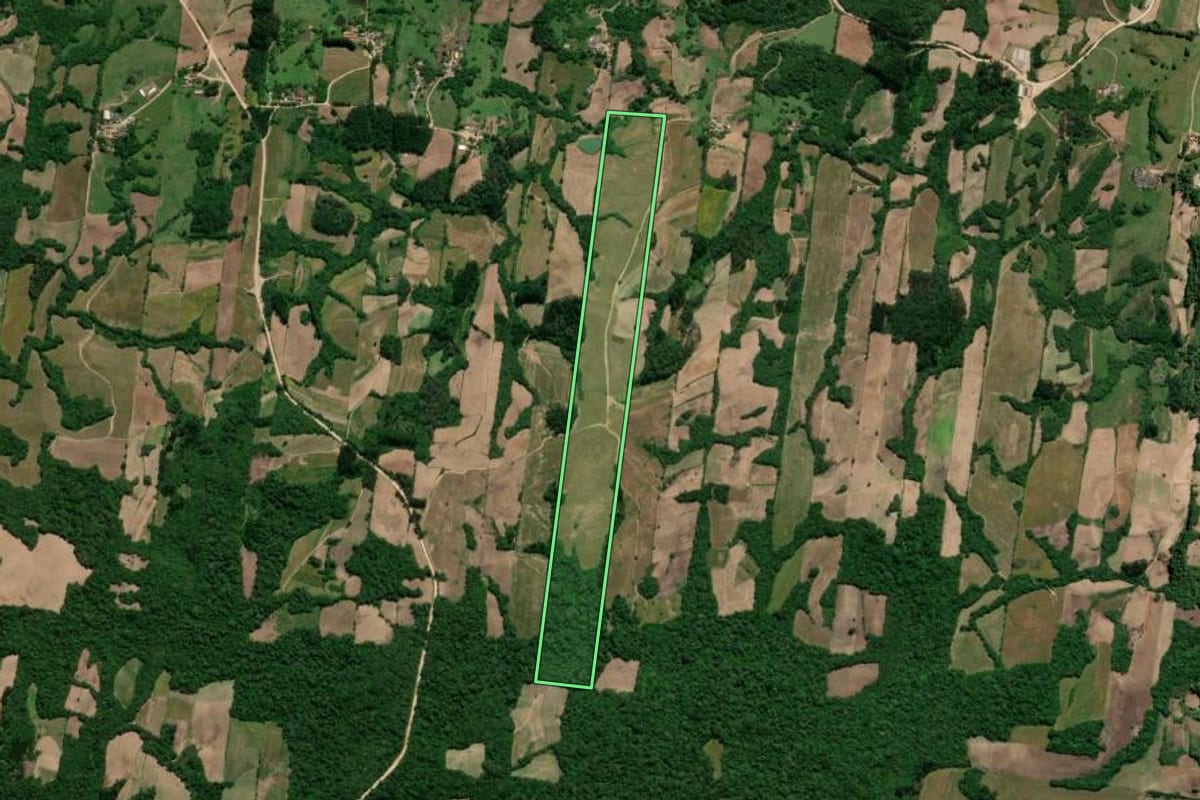 Imagem de satélite do imóvel rural em São Lourenço do Sul (RS), com o contorno declarado no CAR desenhado por cima.