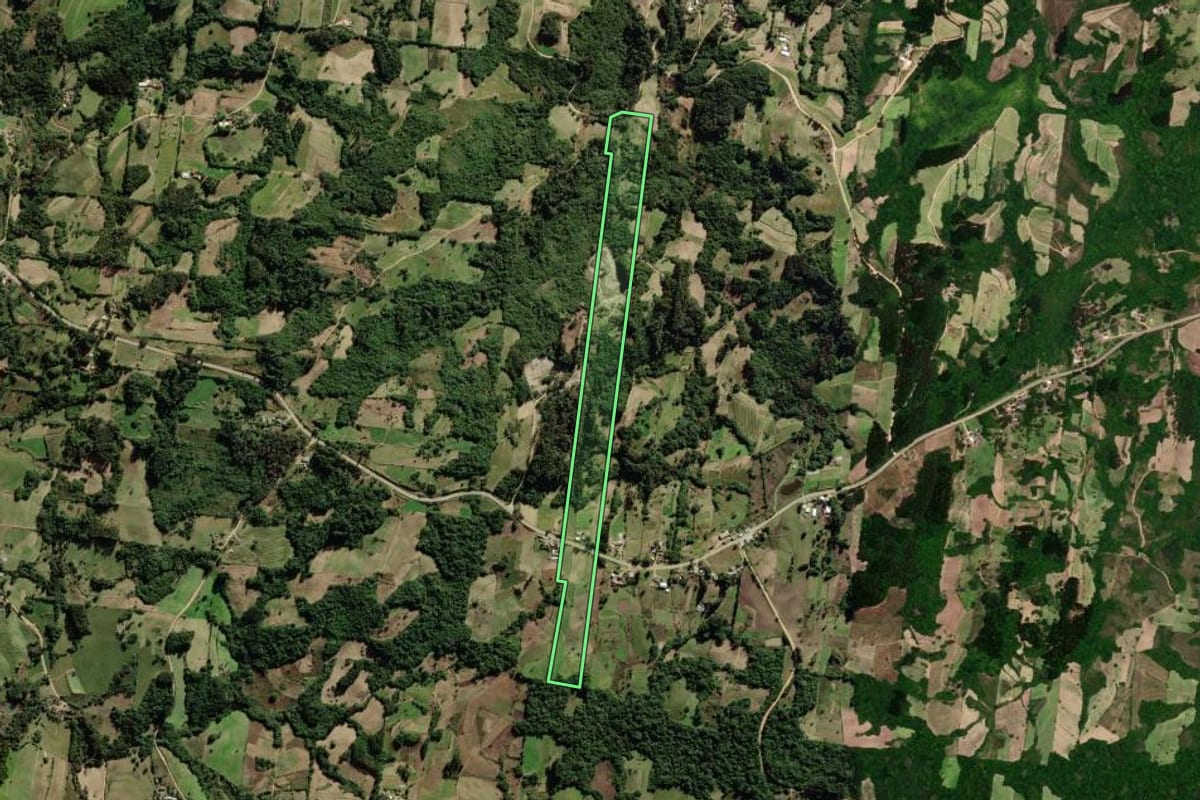 Imagem de satélite do imóvel rural em São Lourenço do Sul (RS), com o contorno declarado no CAR desenhado por cima.