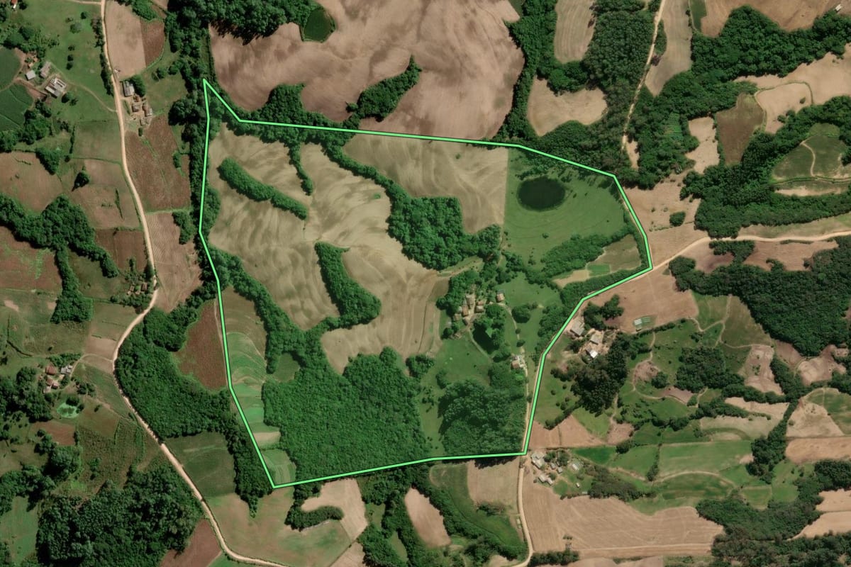 Imagem de satélite do imóvel rural em São Lourenço do Sul (RS), com o contorno declarado no CAR desenhado por cima.