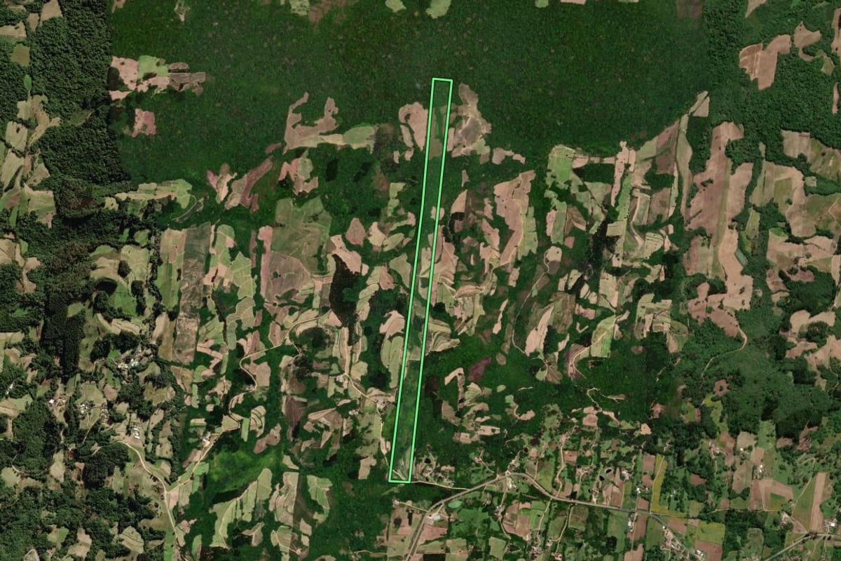 Imagem de satélite do imóvel rural em São Lourenço do Sul (RS), com o contorno declarado no CAR desenhado por cima.