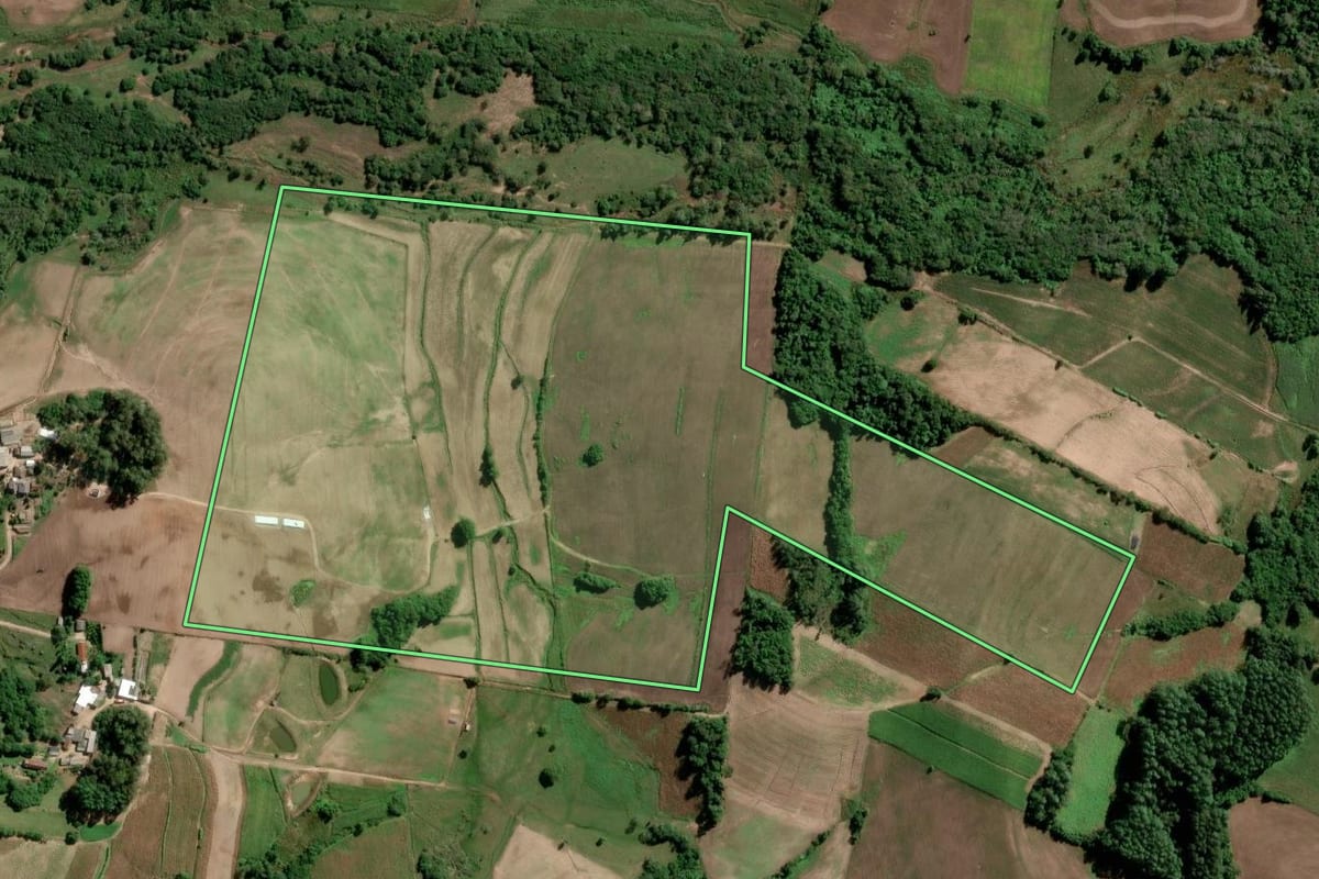 Imagem de satélite do imóvel rural em São Lourenço do Sul (RS), com o contorno declarado no CAR desenhado por cima.