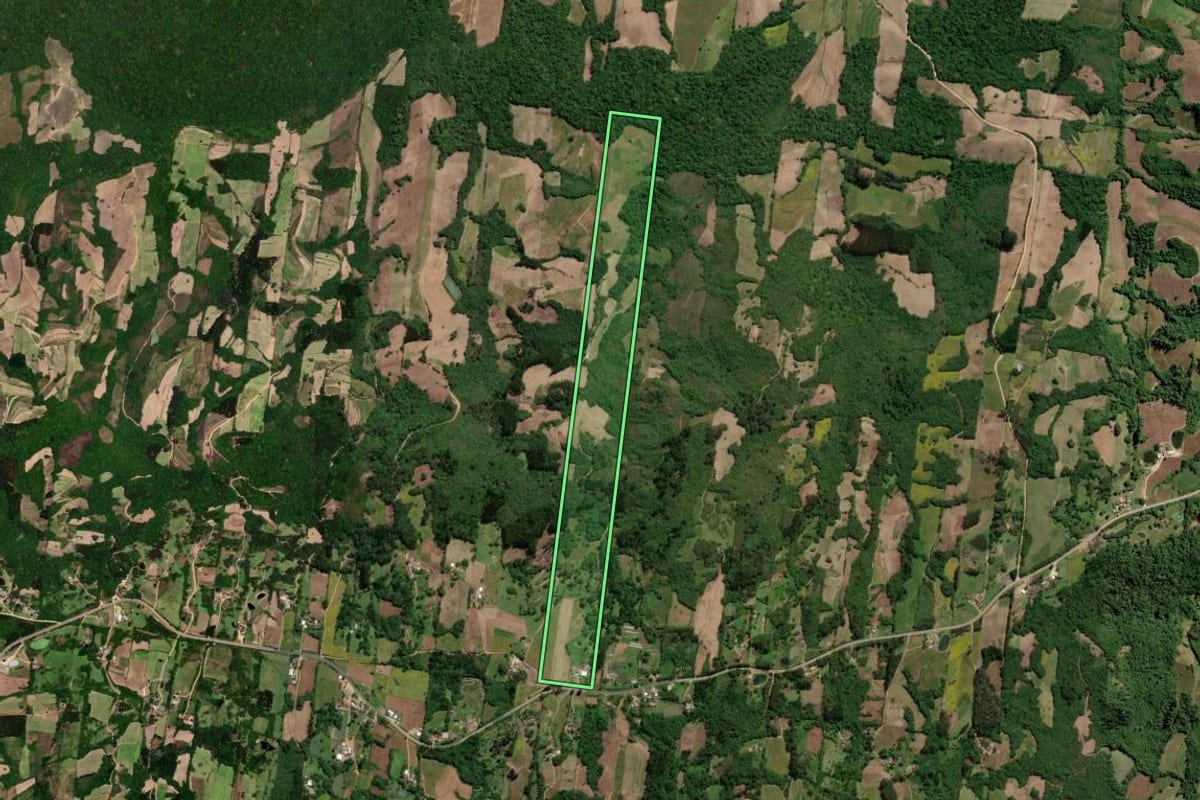 Imagem de satélite do imóvel rural em São Lourenço do Sul (RS), com o contorno declarado no CAR desenhado por cima.