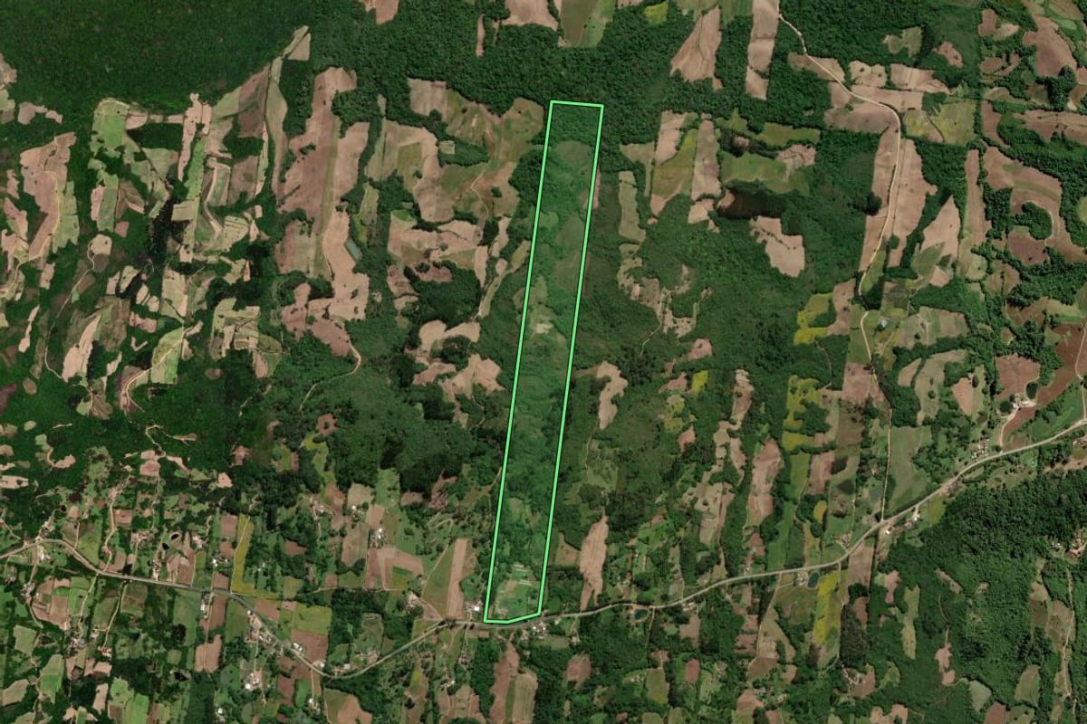 Imagem de satélite do imóvel rural em São Lourenço do Sul (RS), com o contorno declarado no CAR desenhado por cima.