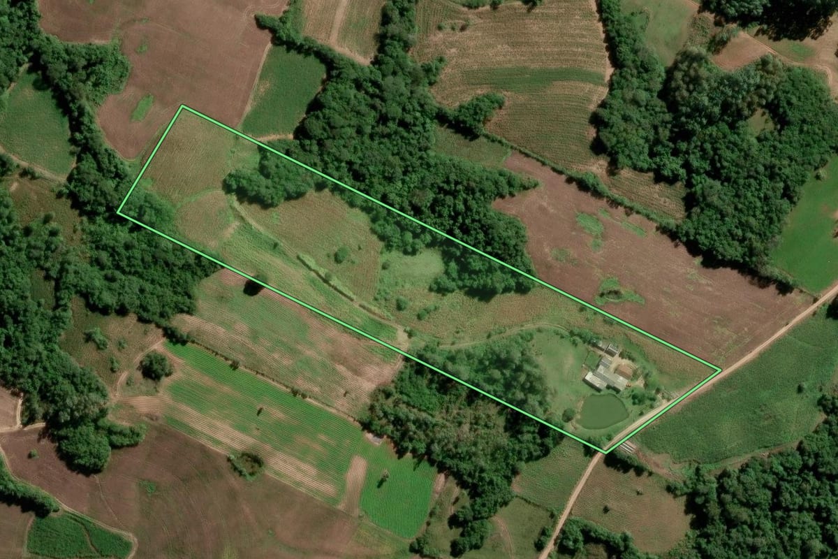 Imagem de satélite do imóvel rural em São Lourenço do Sul (RS), com o contorno declarado no CAR desenhado por cima.