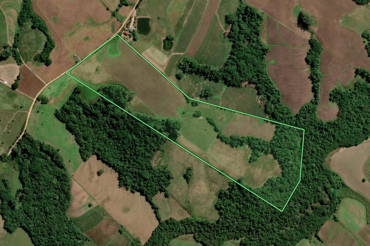 Imagem de satélite do imóvel rural em São Lourenço do Sul (RS), com o contorno declarado no CAR desenhado por cima.