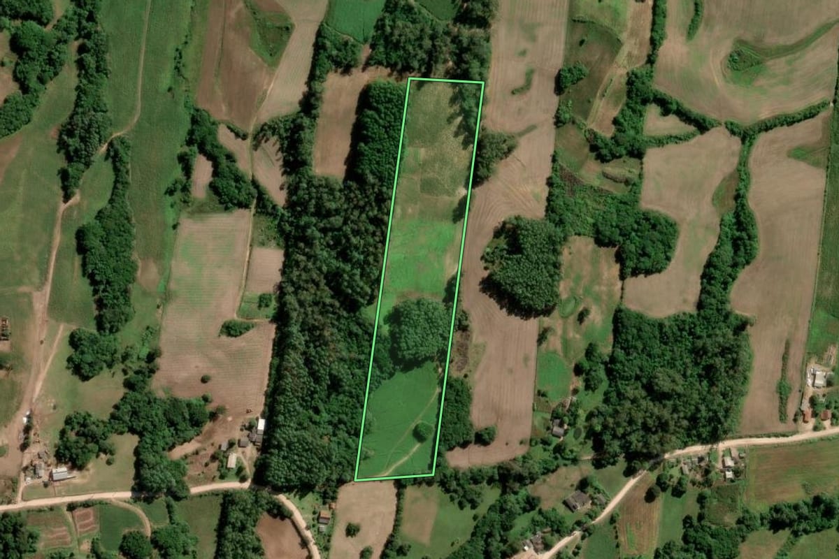 Imagem de satélite do imóvel rural em São Lourenço do Sul (RS), com o contorno declarado no CAR desenhado por cima.