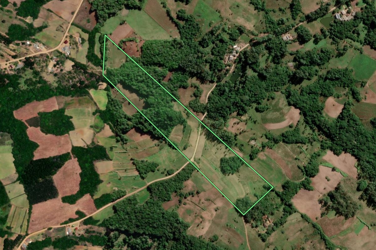 Imagem de satélite do imóvel rural em São Lourenço do Sul (RS), com o contorno declarado no CAR desenhado por cima.