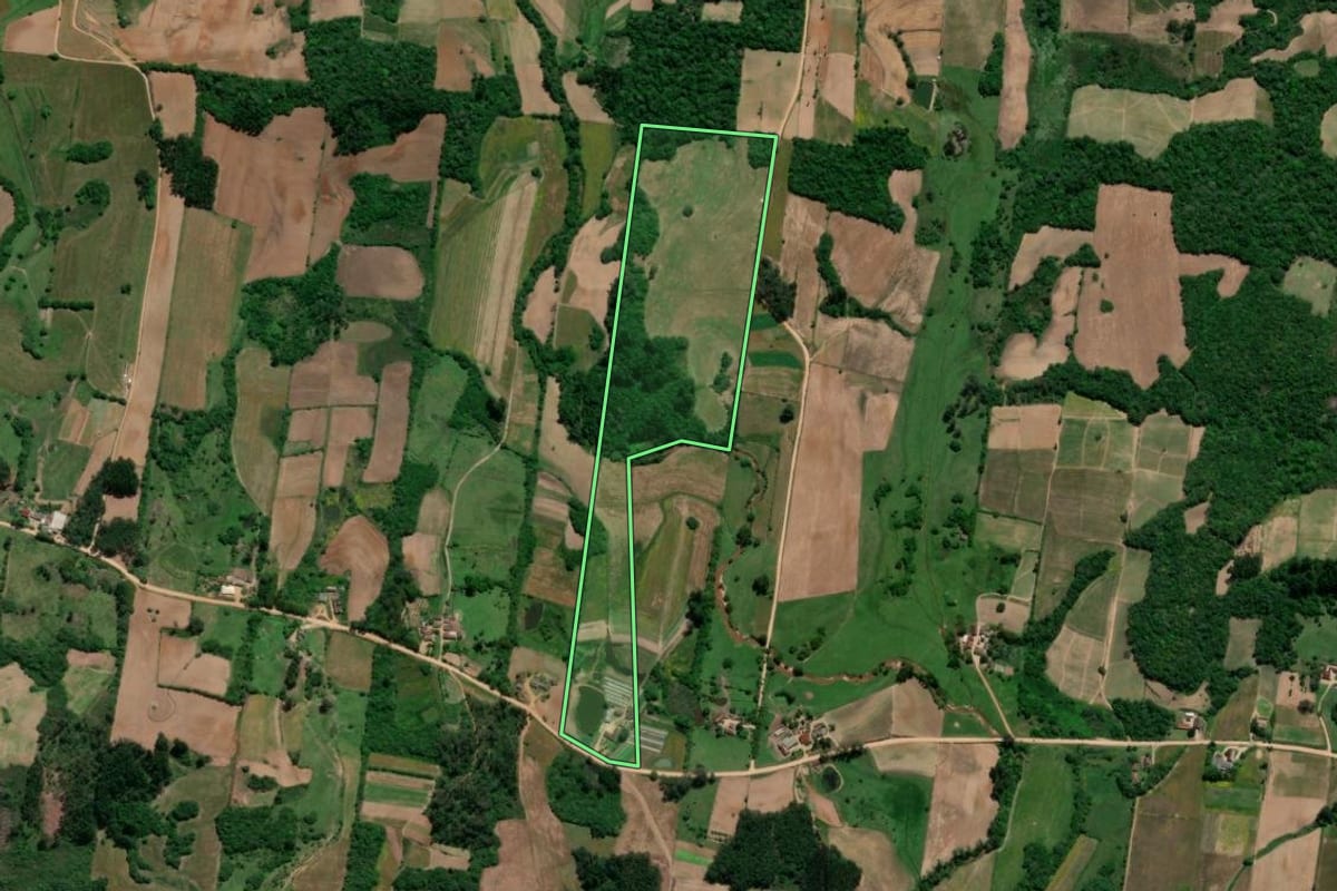Imagem de satélite do imóvel rural em São Lourenço do Sul (RS), com o contorno declarado no CAR desenhado por cima.