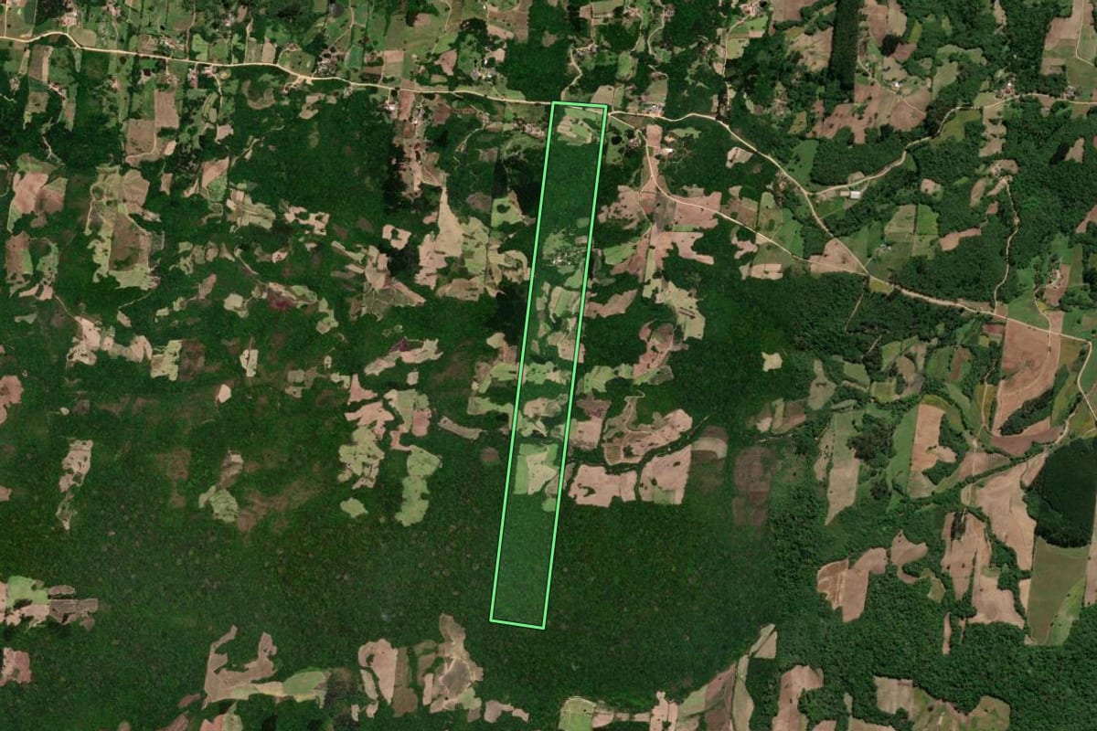 Imagem de satélite do imóvel rural em São Lourenço do Sul (RS), com o contorno declarado no CAR desenhado por cima.