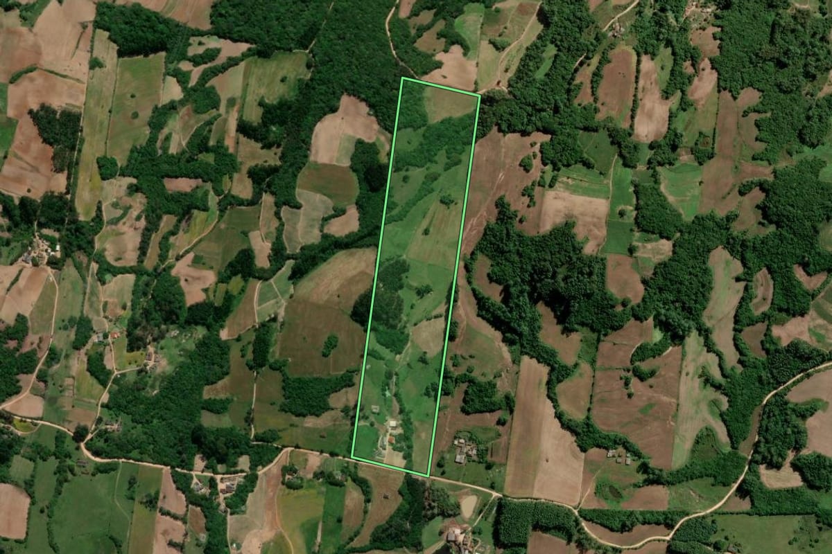 Imagem de satélite do imóvel rural em São Lourenço do Sul (RS), com o contorno declarado no CAR desenhado por cima.