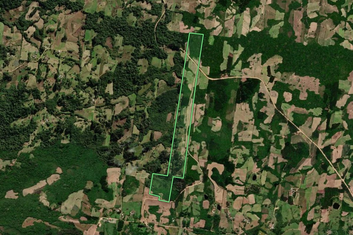 Imagem de satélite do imóvel rural em São Lourenço do Sul (RS), com o contorno declarado no CAR desenhado por cima.