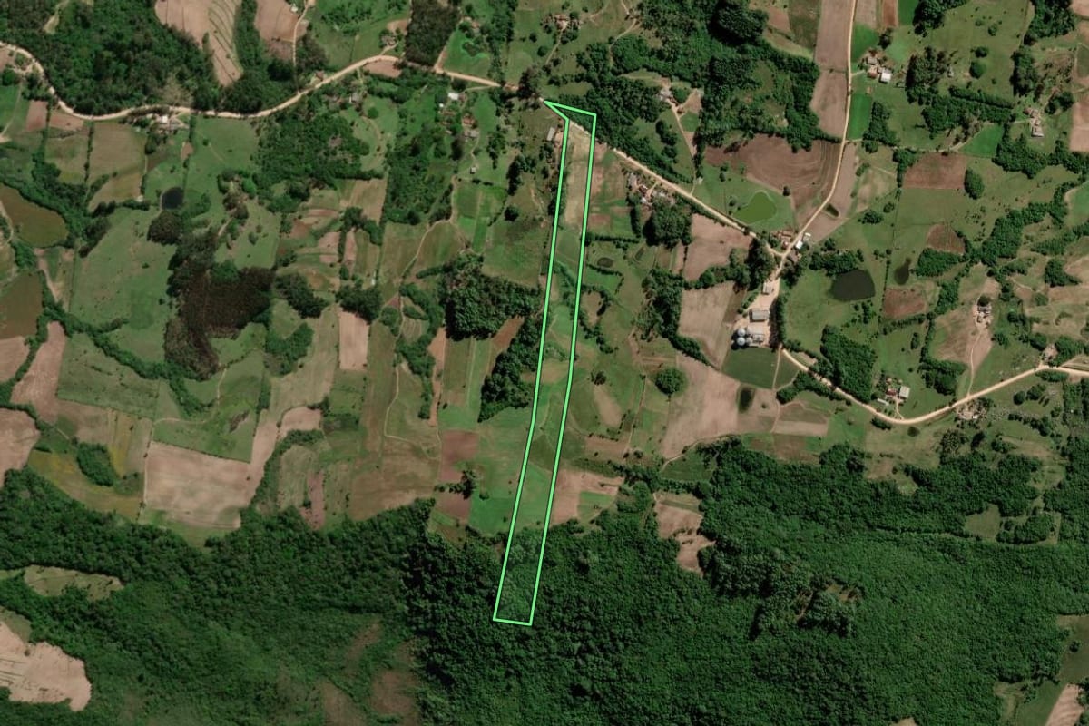 Imagem de satélite do imóvel rural em São Lourenço do Sul (RS), com o contorno declarado no CAR desenhado por cima.