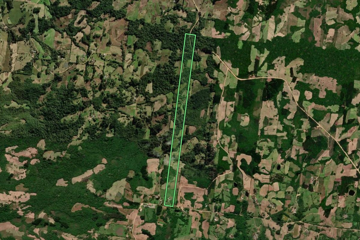Imagem de satélite do imóvel rural em São Lourenço do Sul (RS), com o contorno declarado no CAR desenhado por cima.