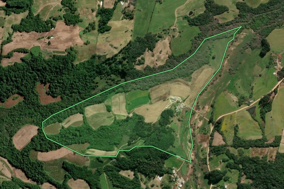 Imagem de satélite do imóvel rural em São Lourenço do Sul (RS), com o contorno declarado no CAR desenhado por cima.